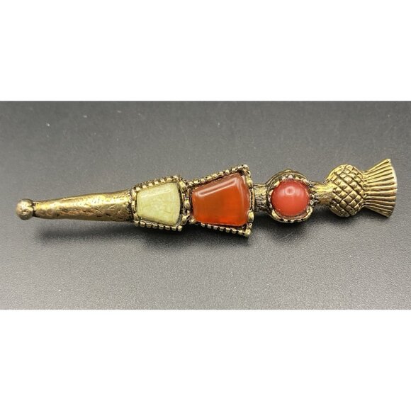 Unbranded Other - Vintage Scottish Style Thistle Dirk Kilt Pin Brooch Gold Tone Faux Agate 3"